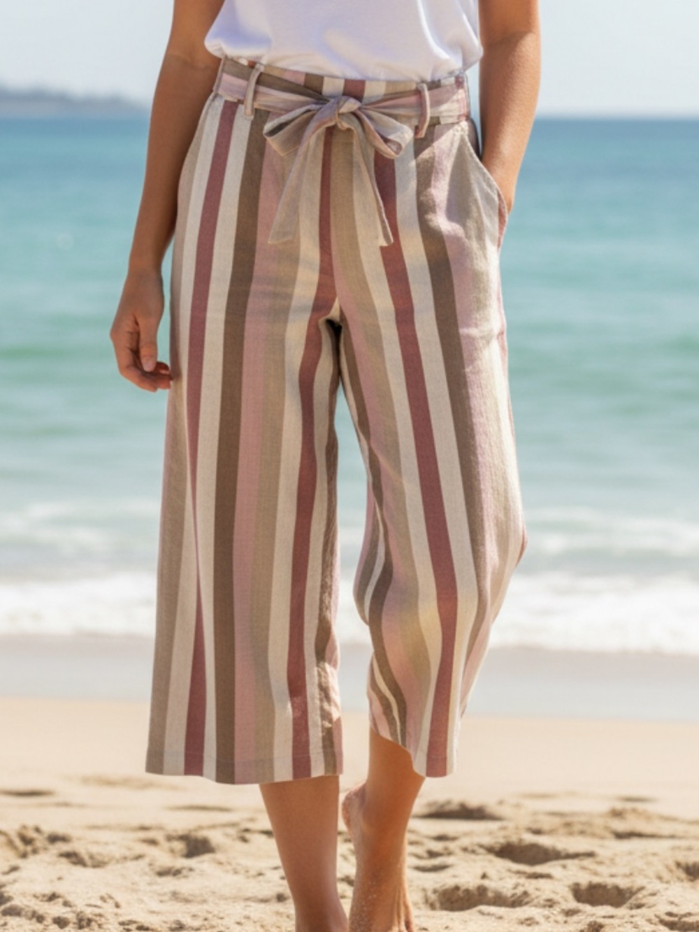 Sigrid Olsen Striped Linen-Blend Belted Crop Pants in Blush, Taupe & Cream